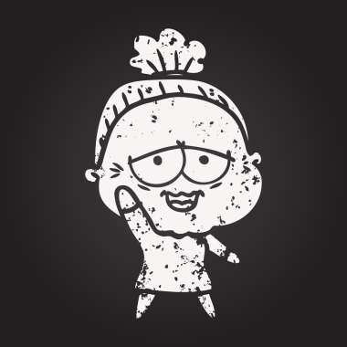 Karatahta karikatür mutlu yaşlı kadın bir insan tarafından çizilmiş.