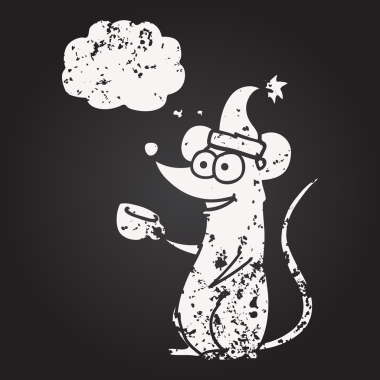 Tahta tebeşirle çizilmiş düşünce balonu faresi Noel şapkası giymiş bir insan tarafından çizilmiş.