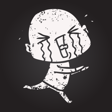 Tahta tebeşir karikatürü, bir insan tarafından çizilmiş kel adam ağlıyor.