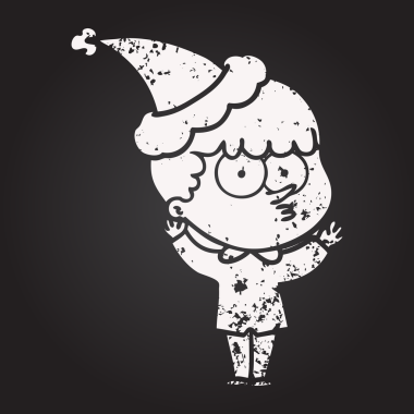 Tahta tebeşirle çizilmiş, Noel Baba şapkası takan meraklı bir çocuk bir insan tarafından çizilmiş.