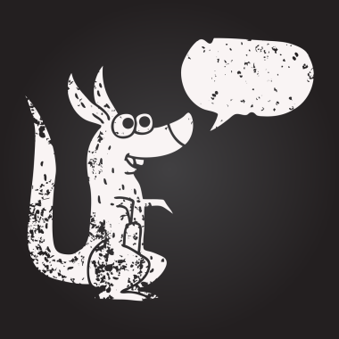 Tahta tebeşirle çizilmiş konuşma balonu kangurusu bir insan tarafından çizilmiş.