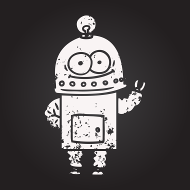 Bir insan tarafından çizilmiş ampullü mutlu tebeşir kutulu robot.