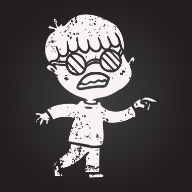 Bir insan tarafından çizilmiş gözlük takan kara tahta tebeşir çizgi film çocuğu.