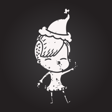 Karatahta tebeşirle çizilmiş, şaşı bir kız Noel Baba şapkası giymiş bir insan tarafından çizilmiş.