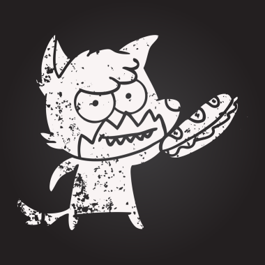 Karatahta tebeşir çizgi filmi sırıtan tilki ve bir insan tarafından çizilmiş sandviç.