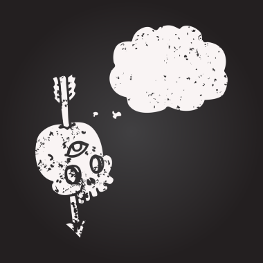 Tahta tebeşirle serbest çizilmiş düşünce balonu karikatürü sihirli kafatası ve bir insan tarafından çizilmiş ok.
