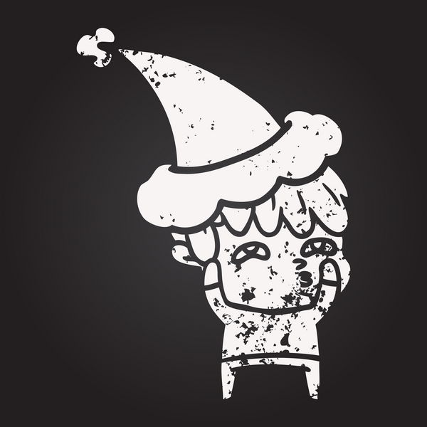 Karatahta tebeşirle çizilmiş. Meraklı bir adamın Noel Baba şapkası giymiş bir insan tarafından çizilmiş.