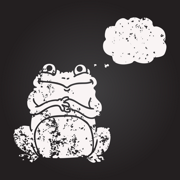 Tahta tebeşirle çizilmiş düşünce balonu komik kurbağa bir insan tarafından çizilmiş.