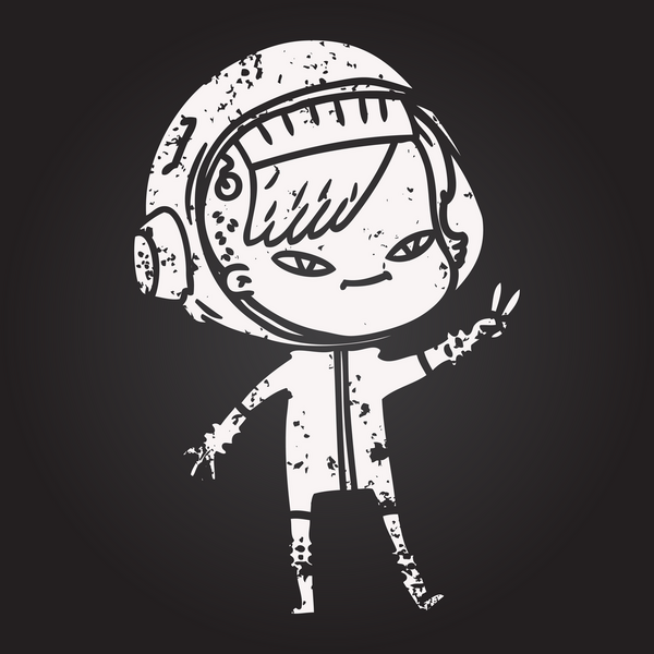 Bir insan tarafından çizilmiş kara tahta tebeşirli astronot kadın.