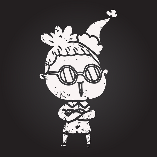 Kara tahta tebeşirle çizilmiş gözlüklü bir kadın Noel Baba şapkası takıyor bir insan tarafından çizilmiş.