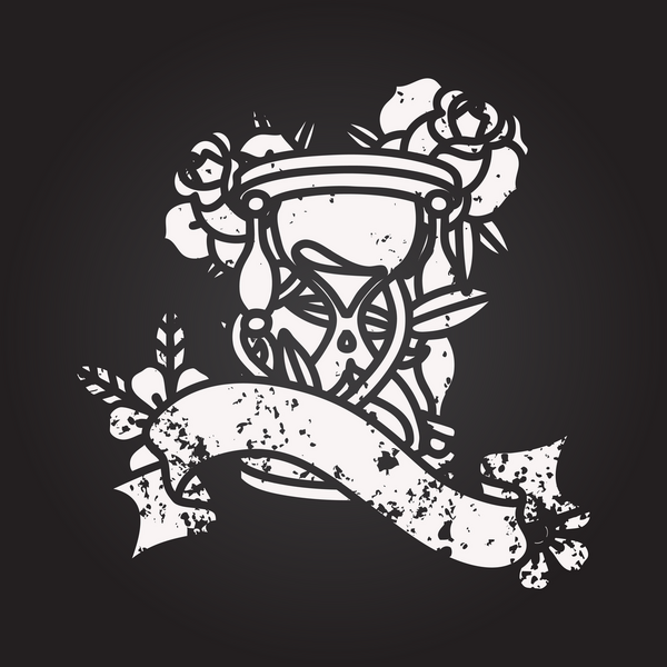 Tahta tebeşirle geleneksel siyah çizgi dövmesi bir saat bardakla ve bir insan tarafından çizilmiş çiçeklerle