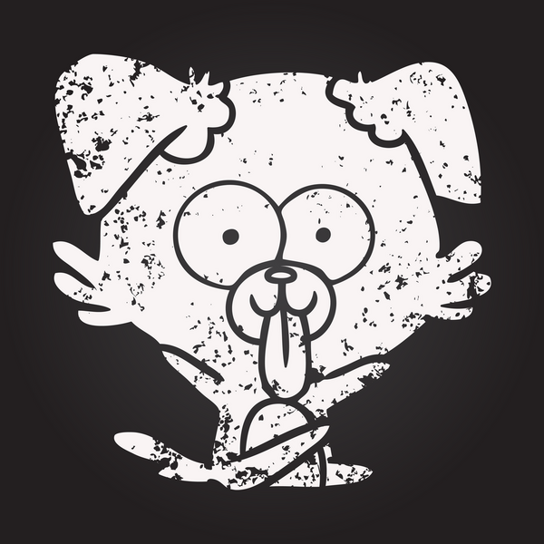 Tahta tebeşirle çizilmiş, dili bir insan tarafından çizilmiş bir köpek.