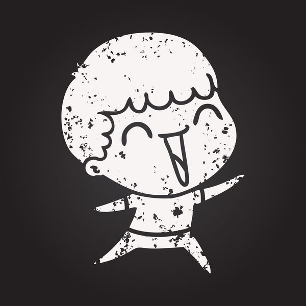 Karatahta karikatür mutlu adam bir insan tarafından çizilmiş gülüyor.