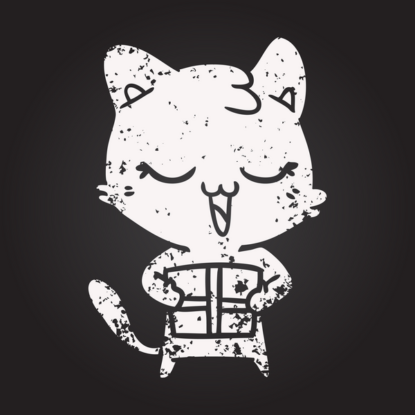 Bir insan tarafından çizilmiş kara tahta tebeşirli mutlu çizgi film kedisi.