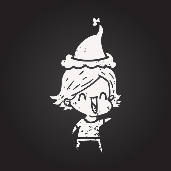 Tahta tebeşirle çizilmiş mutlu bir kadın Noel Baba şapkası giymiş bir insan tarafından çizilmiş.