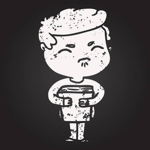 Tahta tebeşir karikatürü bir insan tarafından çizilmiş kitapla rahatsız edilmiş bir adam.