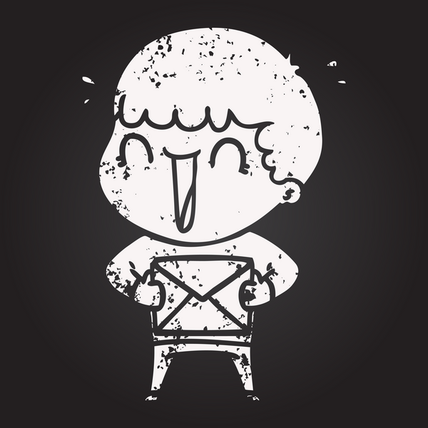 Karatahta tebeşir gülen bir karikatür adamı bir insan tarafından çizilmiş bir mektupla