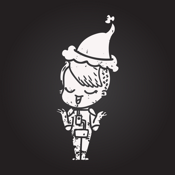 Tahta tebeşirle çizilmiş mutlu el çizimi uzay elbisesi içindeki bir kız Noel Baba şapkası giymiş bir insan tarafından çizilmiş.