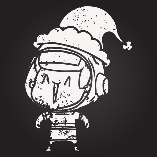 Tahta tebeşirle çizilmiş bir el Noel Baba şapkası giyen astronot bir insan tarafından çizilmiş.