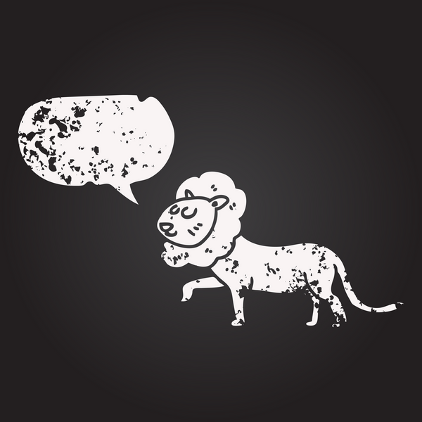 Tahta tebeşirle çizilmiş konuşma balonu karikatür aslanı bir insan tarafından çizildi