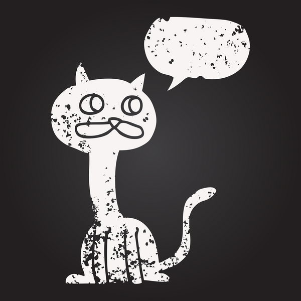 Tahta tebeşirle çizilmiş konuşma balonu çizgi film kedisi bir insan tarafından çizilmiş.