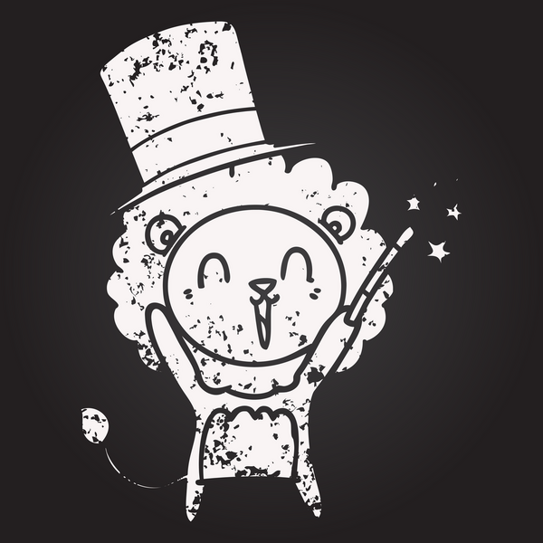 Bir insan tarafından çizilmiş kara tahta tebeşir gülen aslan çizgi filmi.