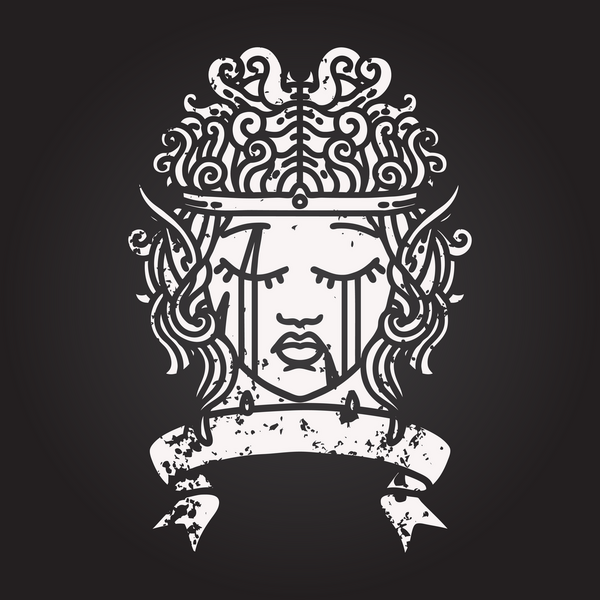 Kara tahta tebeşir ve beyaz dövme stili ağlayan elf barbar karakter yüzü bir insan tarafından çizilmiş pankartıyla