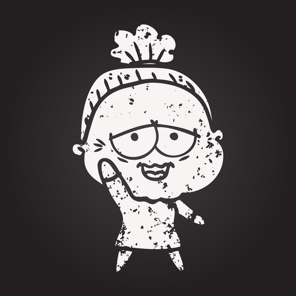 Karatahta karikatür mutlu yaşlı kadın bir insan tarafından çizilmiş.