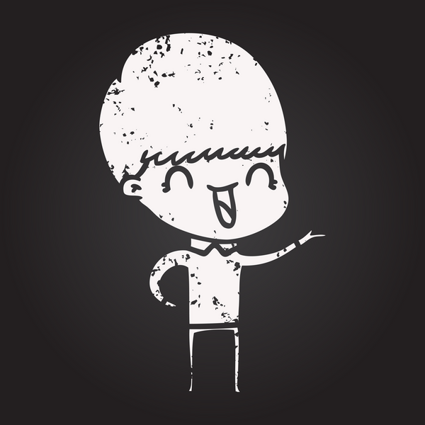 Bir insan tarafından çizilmiş kara tahta tebeşirli mutlu çizgi film çocuğu.