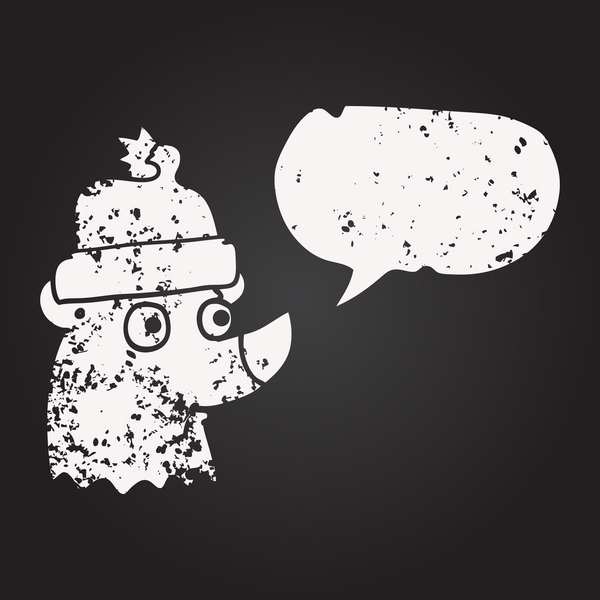 Tahta tebeşirle çizilmiş konuşma balonu karikatürü ayısı Noel şapkası giymiş bir insan tarafından çizilmiş.