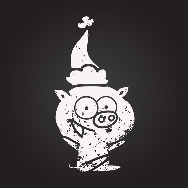 Karatahta tebeşirli neşeli domuz eli bir insan tarafından çizilmiş Noel Baba şapkası.