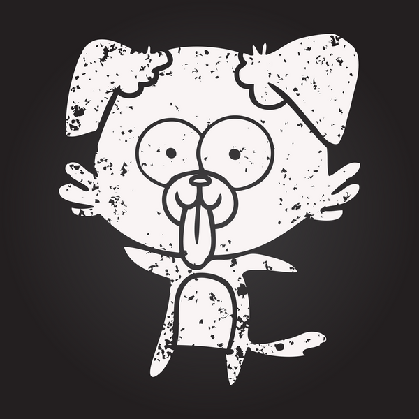 Tahta tebeşirle çizilmiş, dili bir insan tarafından çizilmiş bir köpek.