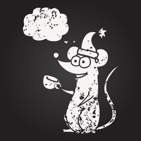 Tahta tebeşirle çizilmiş düşünce balonu faresi Noel şapkası giymiş bir insan tarafından çizilmiş.