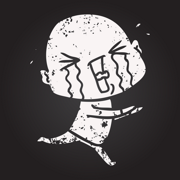 Tahta tebeşir karikatürü, bir insan tarafından çizilmiş kel adam ağlıyor.