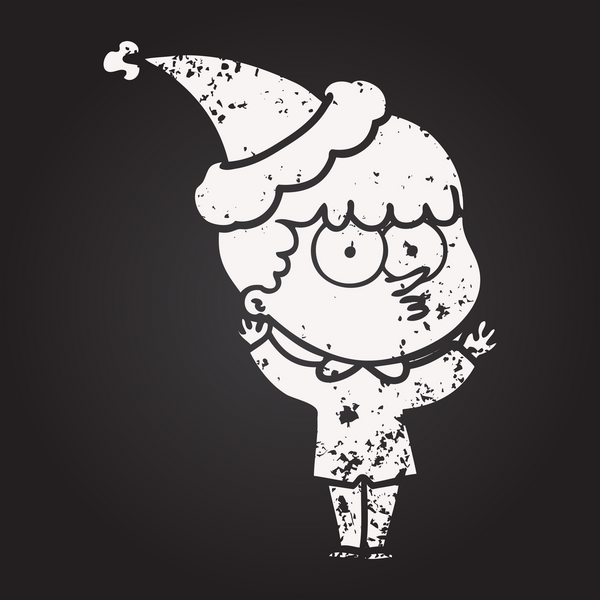 Tahta tebeşirle çizilmiş, Noel Baba şapkası takan meraklı bir çocuk bir insan tarafından çizilmiş.