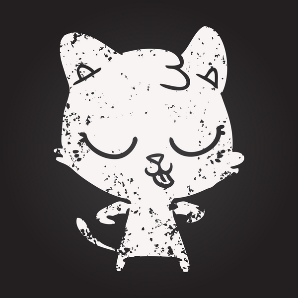 Bir insan tarafından çizilmiş kara tahta tebeşirli mutlu çizgi film kedisi.