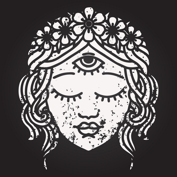 Siyah tebeşir dövmesi, siyah bir kadın yüzü, üçüncü göz ve bir insan tarafından çizilmiş çiçek taçı.