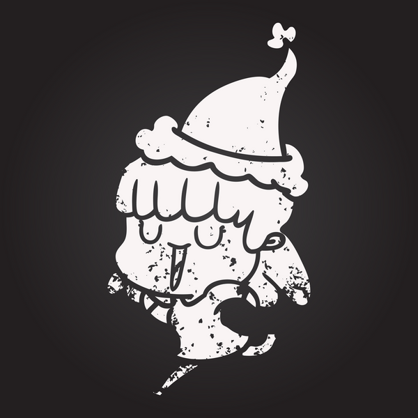 Tahta tebeşirle çizilmiş, Noel Baba şapkası takan bir kadın bir insan tarafından çizilmiş.