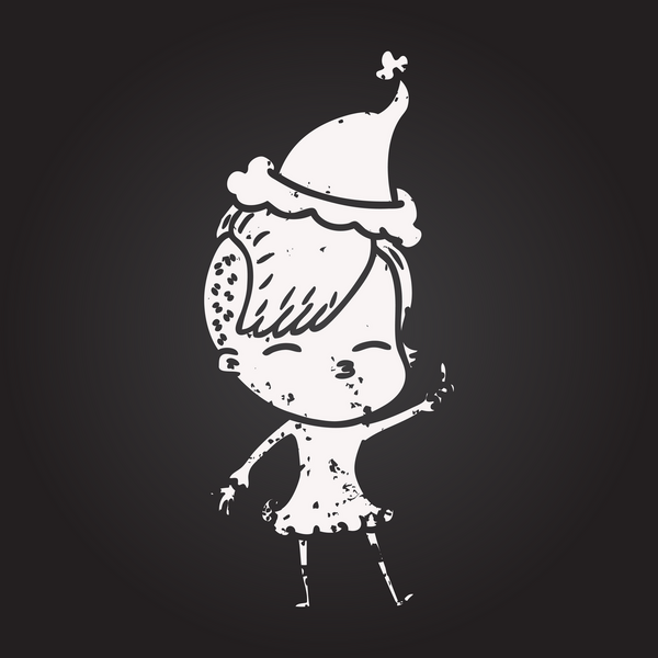 Karatahta tebeşirle çizilmiş, şaşı bir kız Noel Baba şapkası giymiş bir insan tarafından çizilmiş.