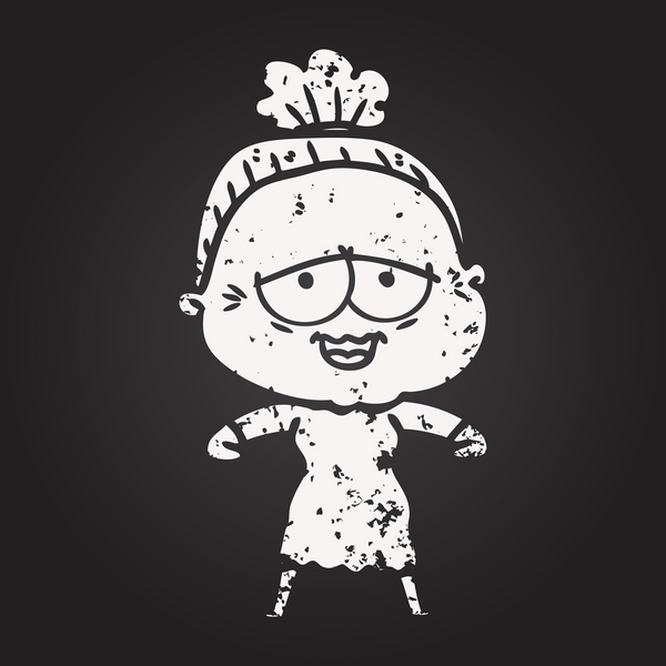 Karatahta karikatür mutlu yaşlı kadın bir insan tarafından çizilmiş.