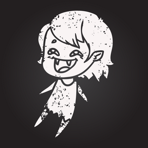 Bir insan tarafından çizilmiş gülen vampir kız karikatürü.