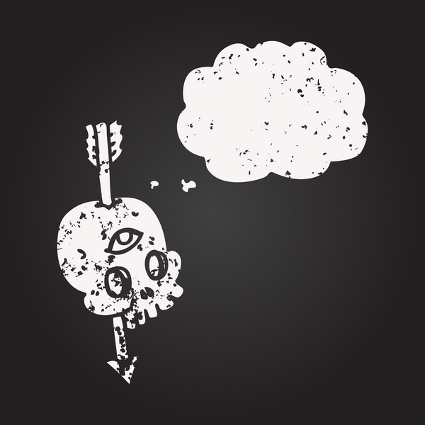 Tahta tebeşirle serbest çizilmiş düşünce balonu karikatürü sihirli kafatası ve bir insan tarafından çizilmiş ok.