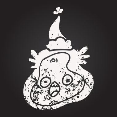 Kara tahta tebeşirle çizilmiş bir mikrop Noel Baba şapkası giymiş bir insan tarafından çizilmiş.