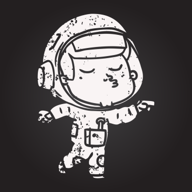 Tahta tebeşir karikatürü bir insan tarafından çizilmiş kendinden emin astronot.