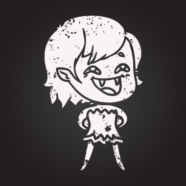 Bir insan tarafından çizilmiş gülen vampir kız karikatürü.