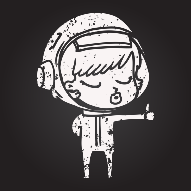 Tahta tebeşir karikatürü. Güzel astronot kız. Bir insan tarafından çizilmiş.