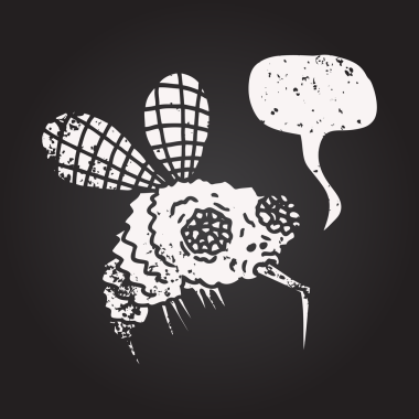 Tahta tebeşirle çizilmiş konuşma balonu sineği bir insan tarafından çizilmiş.