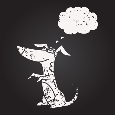 Tahta tebeşirle çizilmiş bir insan tarafından çizilmiş düşünce balonu karikatürü köpeği.