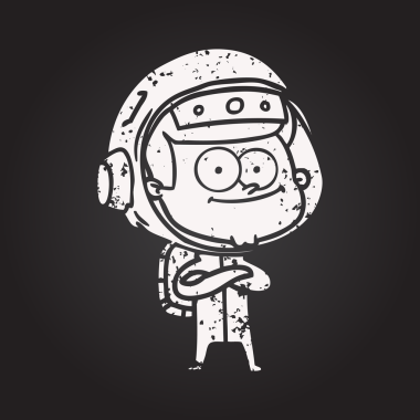 Kara tahta tebeşir mutlu astronot çizgi filmi bir insan tarafından çizilmiş.