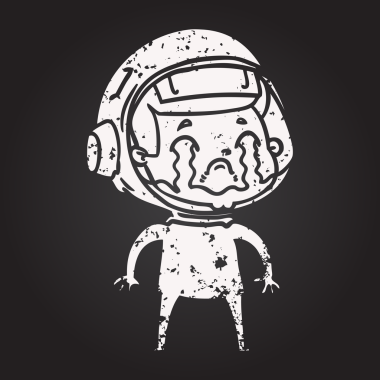 Bir insan tarafından çizilmiş karatahta karikatür ağlayan astronot.